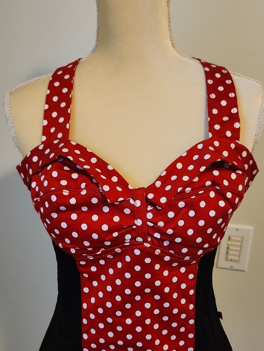 Royal Bones Red Black Polka Dot Pinup Halter Top - Picture 2 of 14